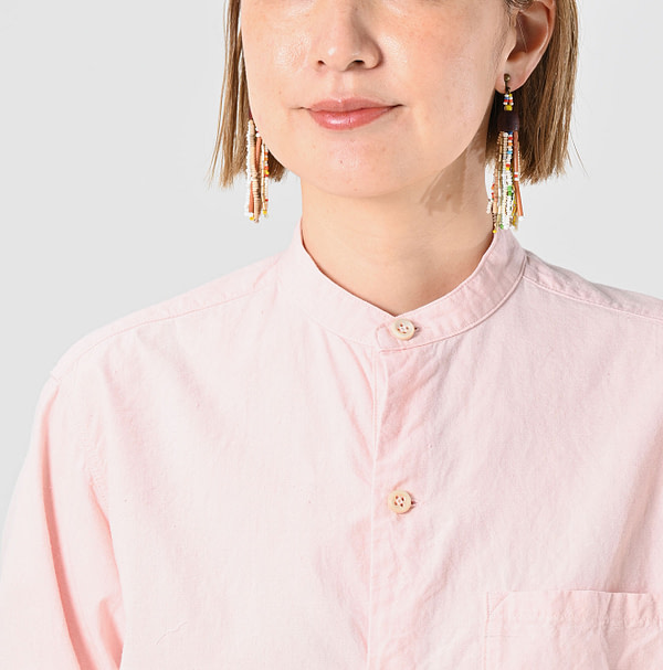 Indigo Khadi OX 908 Stand Collar Grandpa Pull Shirt Detail