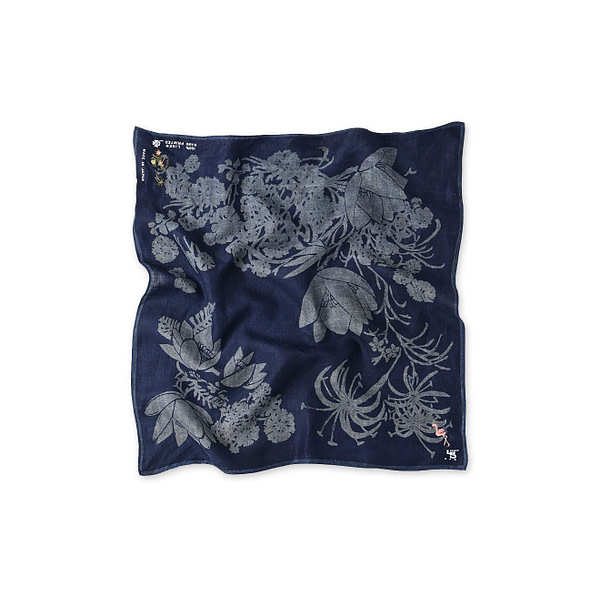 Indigo Linen Lotus Print Embroidered Bandana