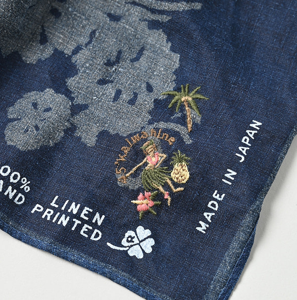 Indigo Linen Lotus Print Embroidered Bandana Detail
