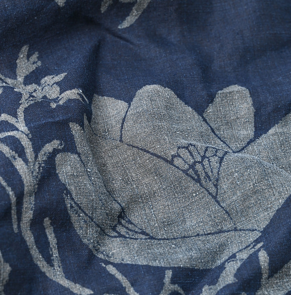 Indigo Linen Lotus Print Embroidered Bandana Detail