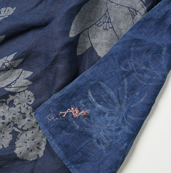 Indigo Linen Lotus Print Embroidered Bandana Detail