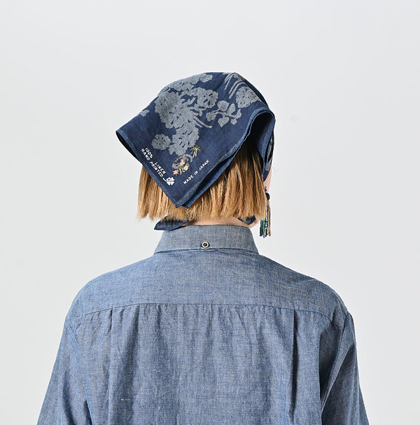 Indigo Linen Lotus Print Embroidered Bandana Female Model