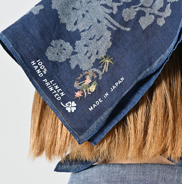 Indigo Linen Lotus Print Embroidered Bandana Detail
