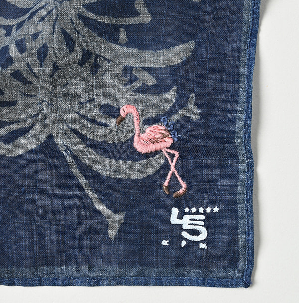 Indigo Linen Lotus Print Embroidered Bandana Detail