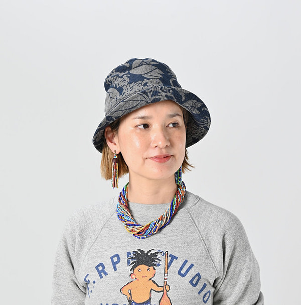 Indigo Linen Lotus Print Hat Female Model