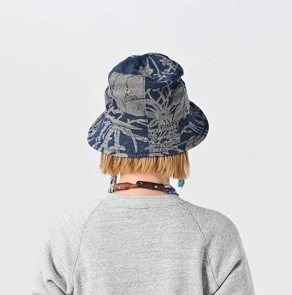 Indigo Linen Lotus Print Hat Female Model