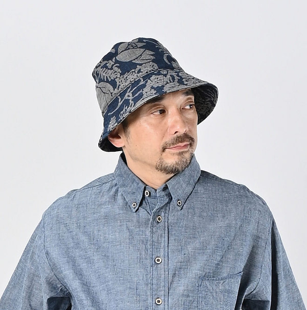 Indigo Linen Lotus Print Hat Male Model
