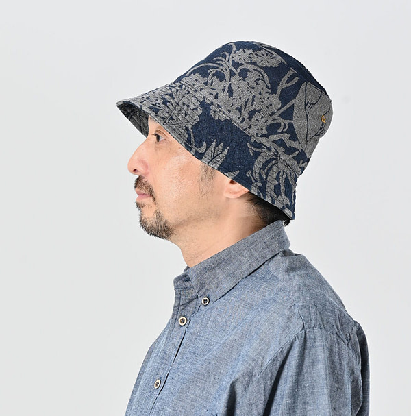 Indigo Linen Lotus Print Hat Male Model