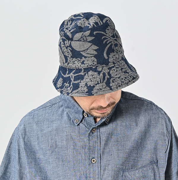 Indigo Linen Lotus Print Hat Male Model