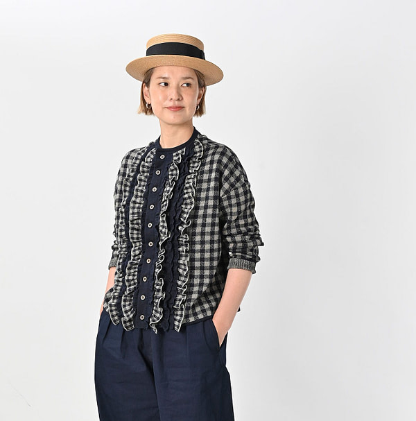 Indigo Gingham Jacquard Cardigan Female Model