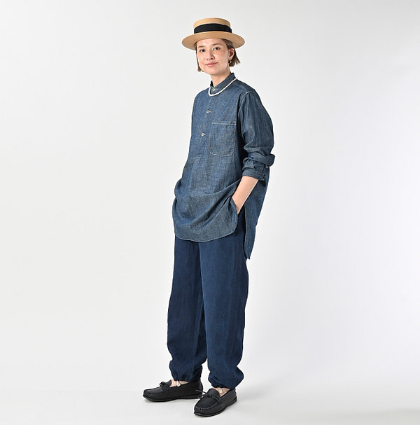 Ruri Dungaree Denim 908 Stand Collar Grandpa Pull Shirt Nou Female Model