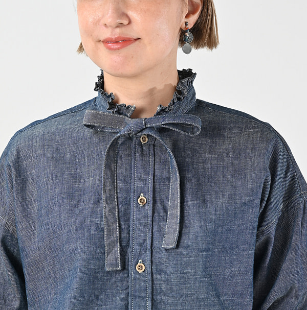 Ruri Dungaree Denim Bowtie Coupé Shirt Nou Detail
