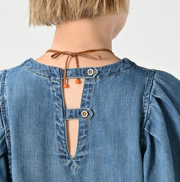 45 Petite Denim Puff Bridge Blouse Detail