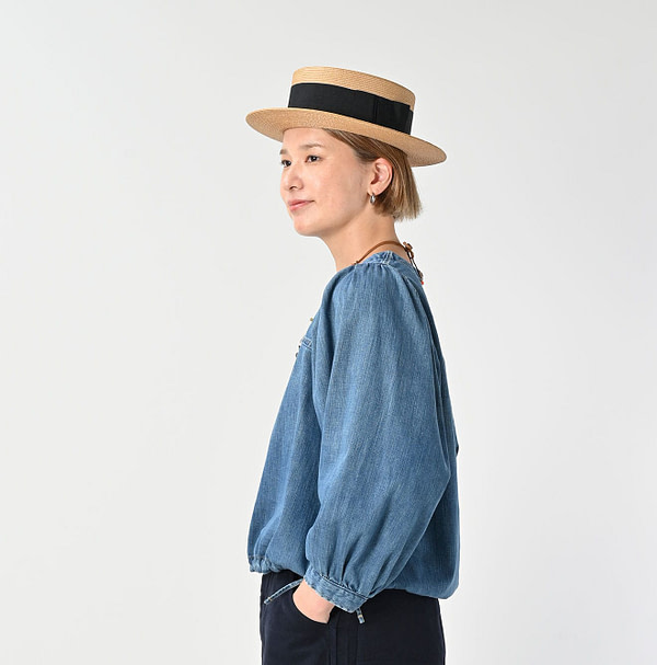 45 Petite Denim Puff Bridge Blouse Female Model