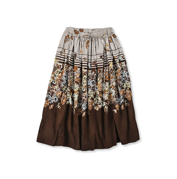 Border Flower Print Cotton Easy Skirt Brown