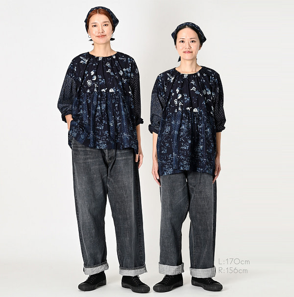 Indigo Hira Flower Mix Print Blouse Female Models