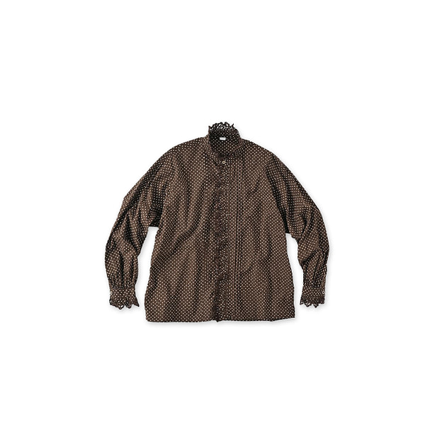 Tappet Dot Print Cutwork Frill Blouse Dark Brown