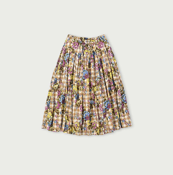 Indian Khadi Flower Gingham Print Easy Skirt Beige