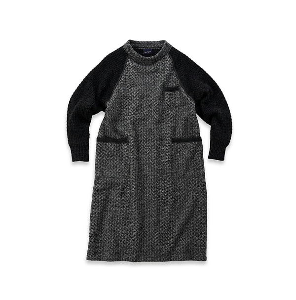 Shetland Wool Tweed Knit Dress Charcoal Herringbone