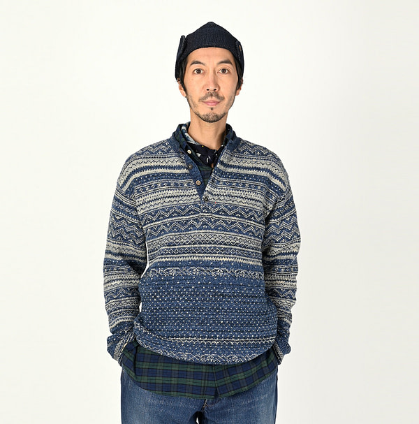 Indigo Nordic Cotton Jacquard 908 Henley Male Model