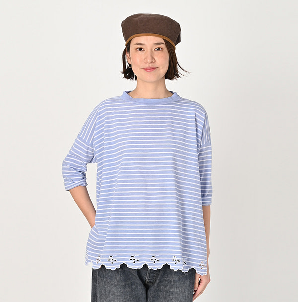 Oxford Kanoko Cotton Stripe Cutwork T-shirt Female Model