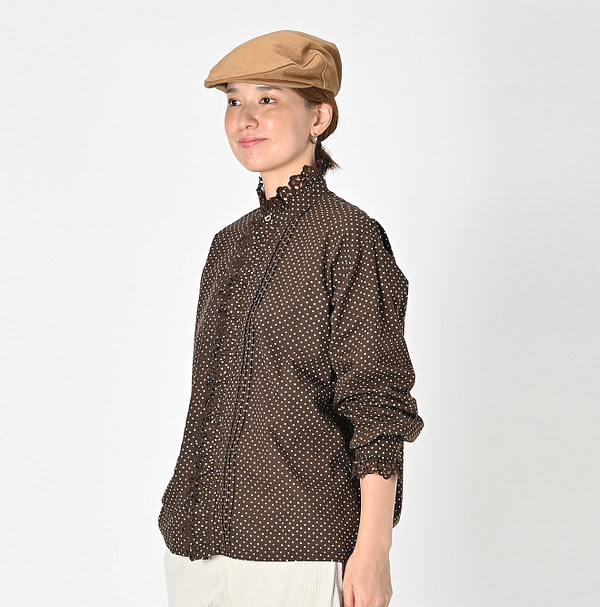 Tappet Dot Print Cutwork Frill Blouse Female Model