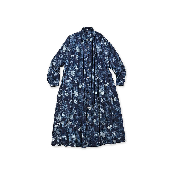 Indigo Doama Hira Garden Balsam Print Kushukushu Dress Indigo