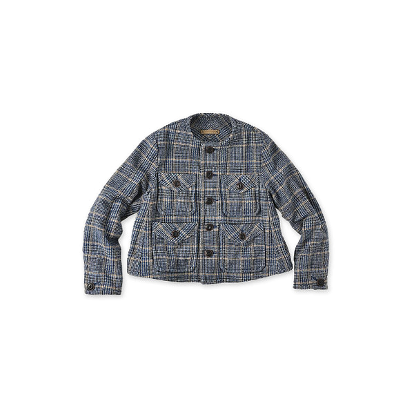 Indigo Cotton Tweed No Collar Annie Jacket Indigo Glen Check