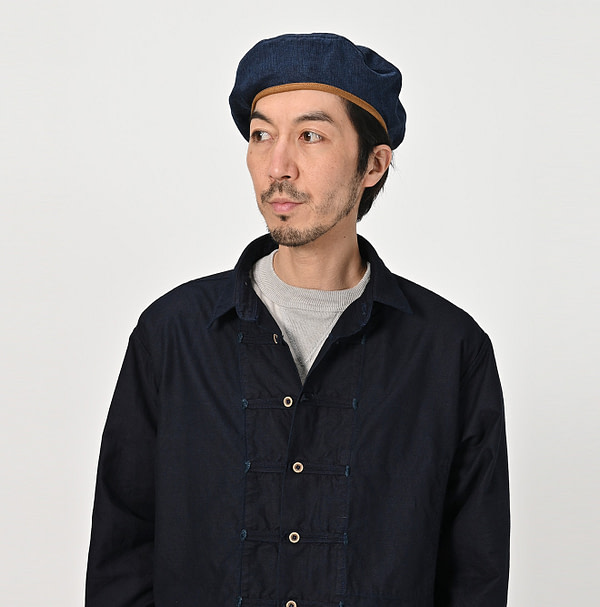 Indigo Linen Herringbone Beret Male Model