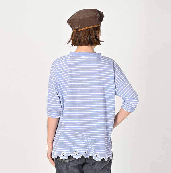 Oxford Kanoko Cotton Stripe Cutwork T-shirt Female Model