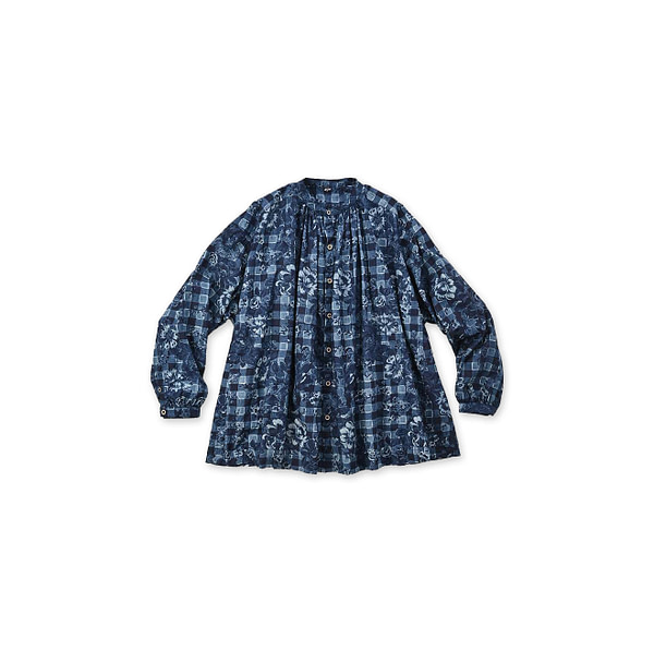 Indigo Flower Gingham Print Kushukushu Blouse Indigo