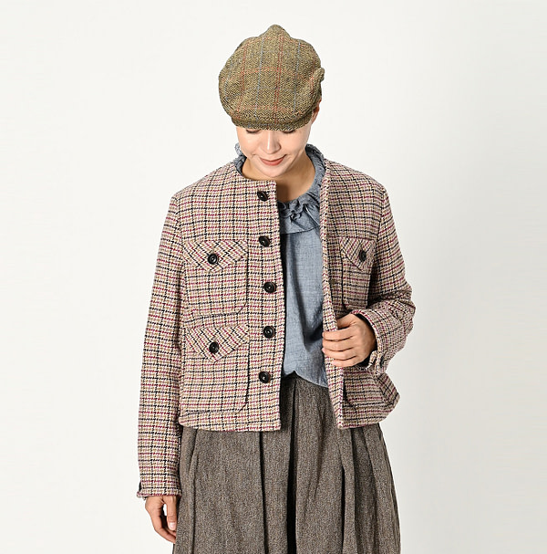 Cotton Tweed No Collar Annie Jacket Pink Female Model