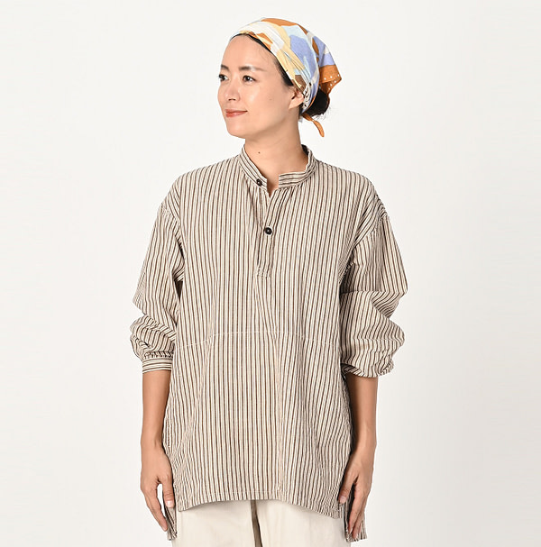 Indian Khadi Shirt Denim 908 Easy Shirt Kinari Stripe Female Model