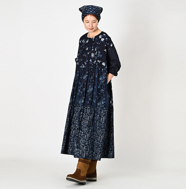 Indigo Hira Flower Mix Print Dress Female Model