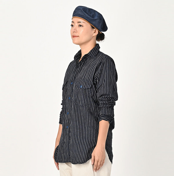 Indigo Fuwa Fuwa Double Woven 908 Yama Shirt Female Model