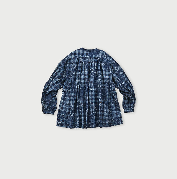 Indigo Flower Gingham Print Kushukushu Blouse Back