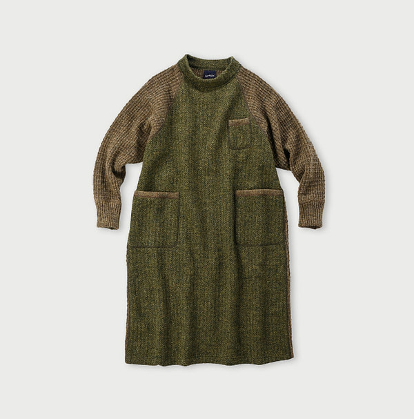 Shetland Wool Tweed Knit Dress Green Herringbone