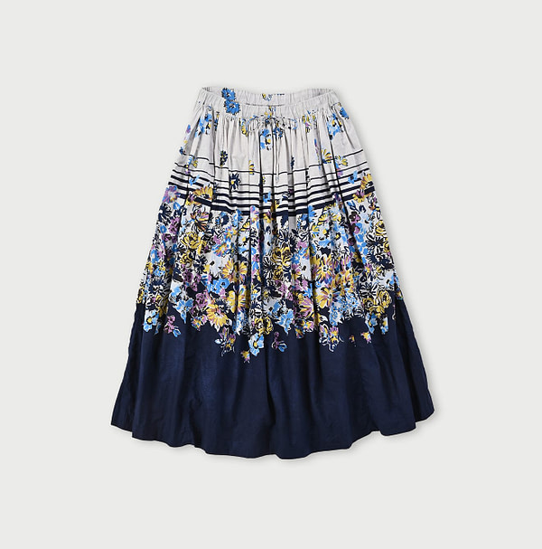 Border Flower Print Cotton Easy Skirt Off White