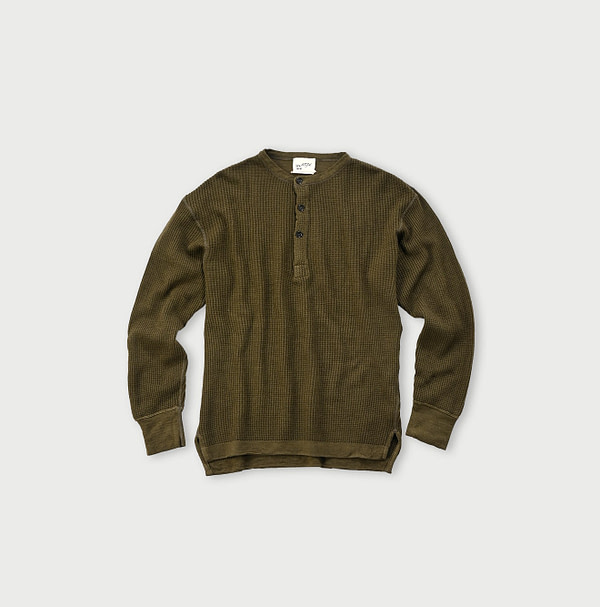 US Mou Waffle Cotton 908 Knitsew Henley Khaki Moku