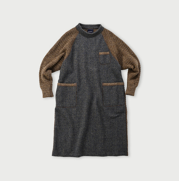 Shetland Wool Tweed Knit Dress Beige Herringbone