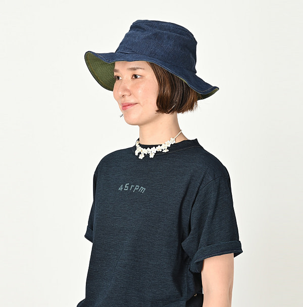 Indigo Linen Herringbone Hat Female Model