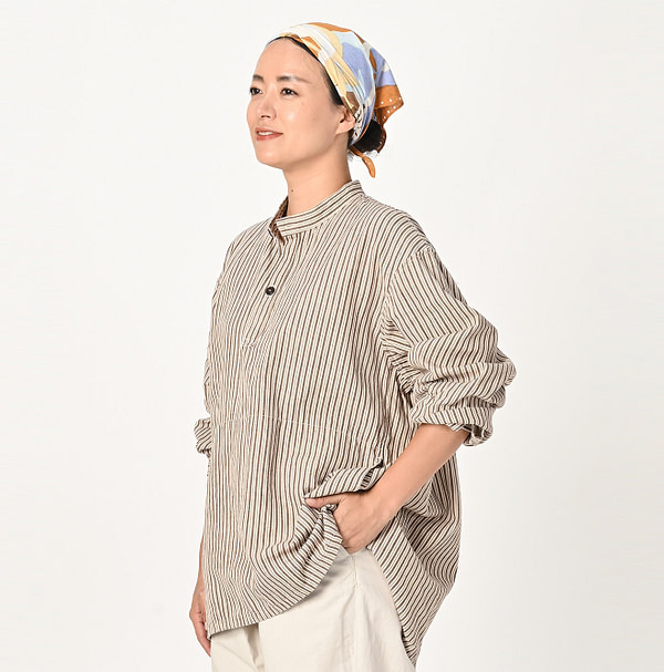 Indian Khadi Shirt Denim 908 Easy Shirt Kinari Stripe Female Model