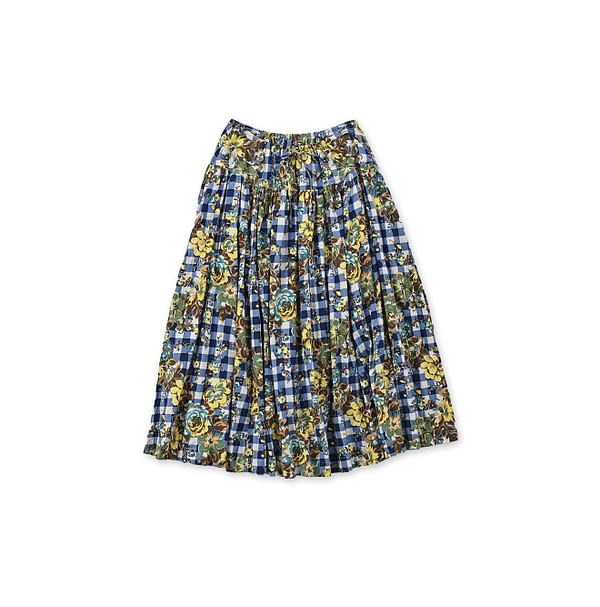 Indian Khadi Flower Gingham Print Easy Skirt Navy