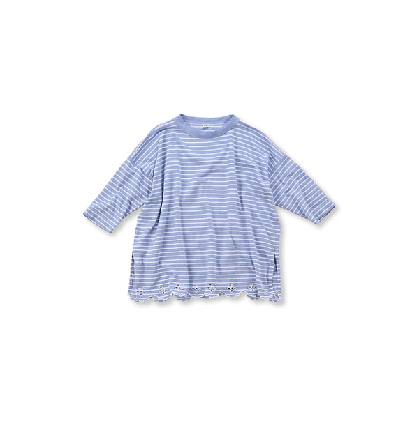 Oxford Kanoko Cotton Stripe Cutwork T-shirt Saxe x White