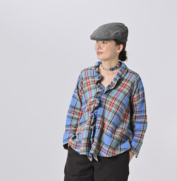Indian Flannel Tartan Frill Cache-Coeur Blouse Female Model
