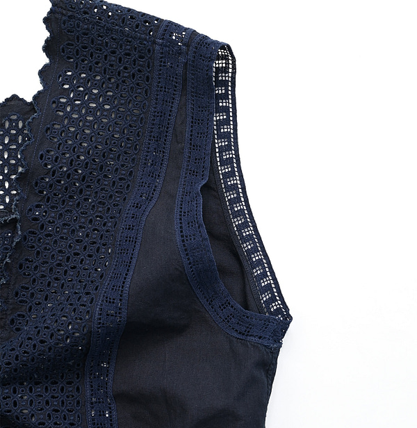 Indigo Supima Batiste Cutwork No Sleeve T-shirt Detail