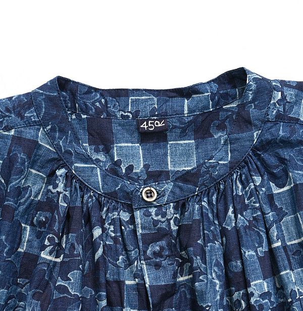 Indigo Flower Gingham Print Kushukushu Blouse Detail