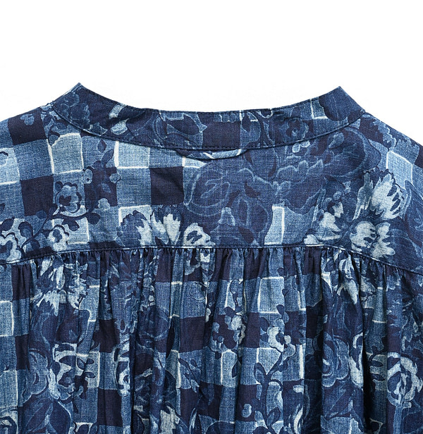 Indigo Flower Gingham Print Kushukushu Blouse Detail