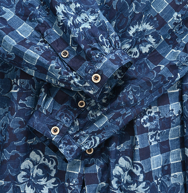 Indigo Flower Gingham Print Kushukushu Blouse Detail