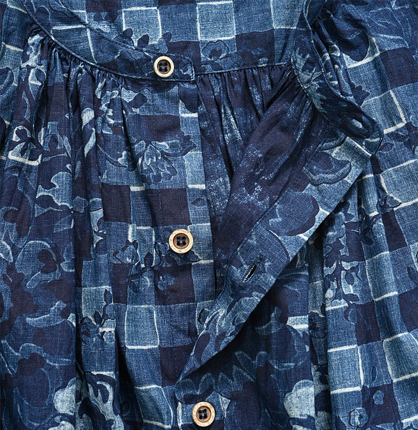 Indigo Flower Gingham Print Kushukushu Blouse Detail